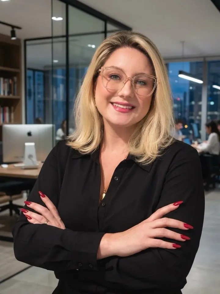 Bianca Lolli de braços cruzados no escritório, hoje Head Comercial